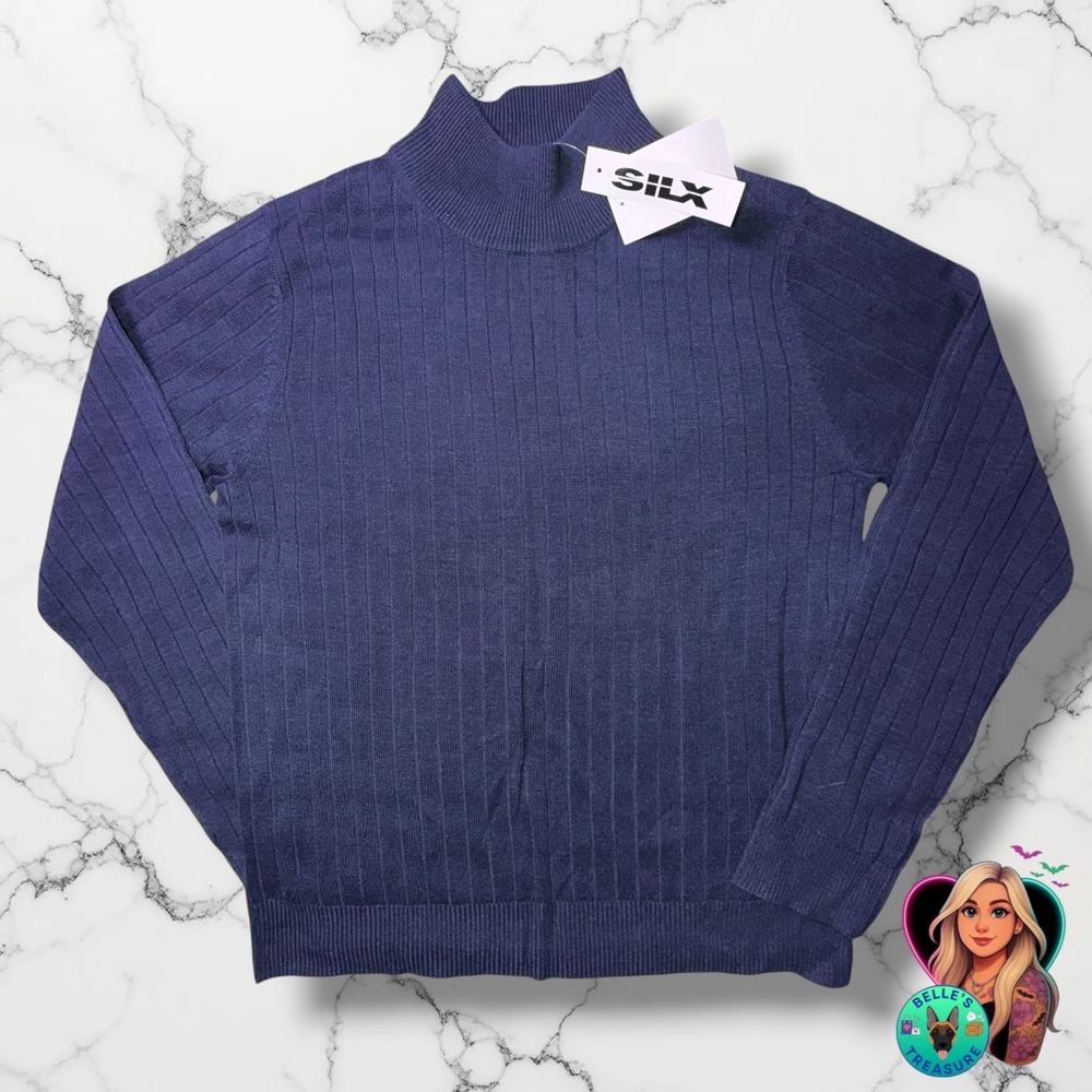 SILX Navy Blue 100% Silk Ribbed Mock Neck Sweater Womens Large Washable Silk NeE